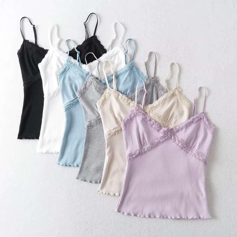 Summer Fresh Edition Lace Edge V-neck Top for Women, Elastic Tight Short Strap Top, 2024 Versatile New Trendy Clothing Ins