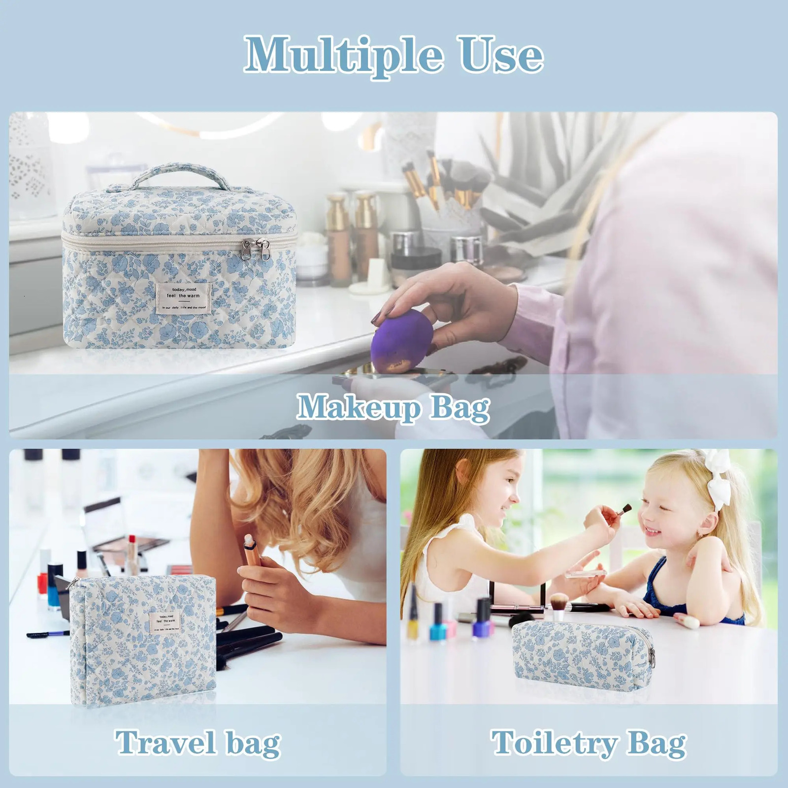 3-Piece Cotton Quilted Makeup Bag Set for Women Zipper Makeup Organizer Womens Bag Handbag Portable Womens Toilet Cover 241212