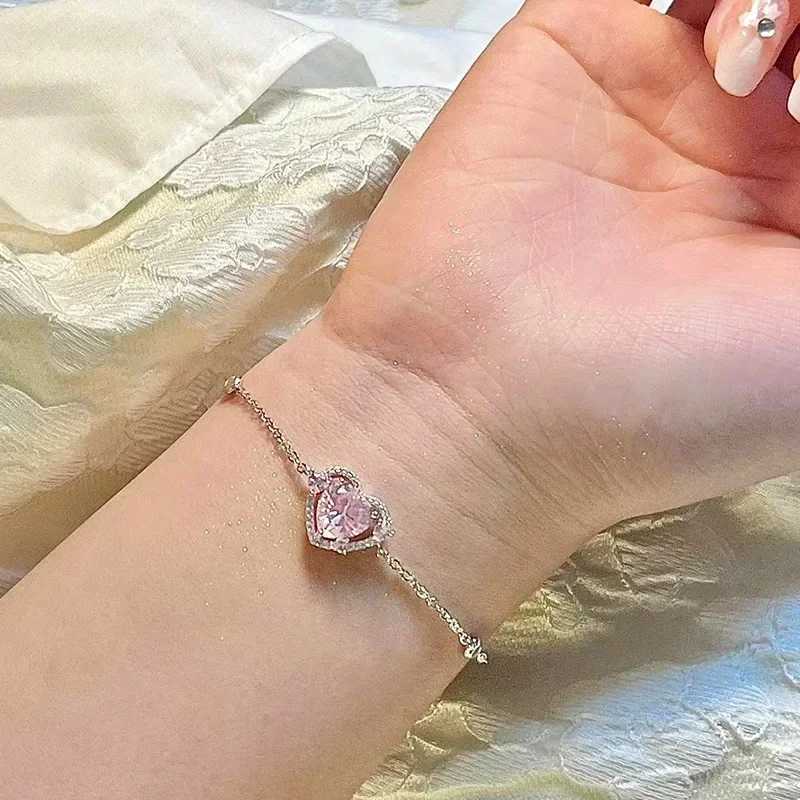 Shining Pink Rhinestone Heart Bracelet Girls Y2K Fairy Delicate Elegant Adjustable Bracelet Women Party Fashion Jewelry GiftXJ241214