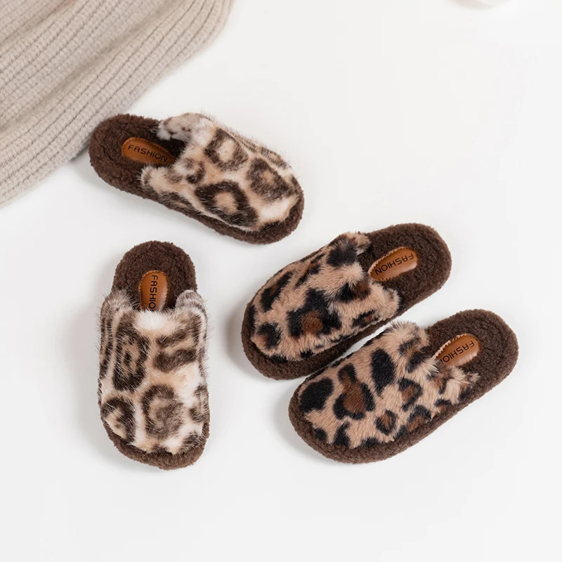Winter Children Slippers Leopard Home Leisure Cover Toe Kids Sliders Warm Beige Apricot Slip-on Fashion Boys Girls Shoes 26-36 241213