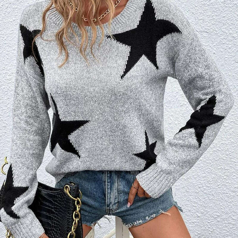 2024 European American autumn and winter women's wearing round neck long sleeved five-star jacquard pullover knitted sweater
