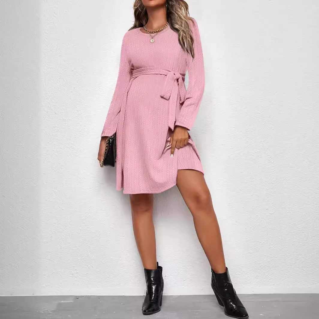 Clothes for pregnant women clothing fashion Materni dressr Spring Autumn ound neck long sleeve natural belt Pregnancy dressesXJ241213