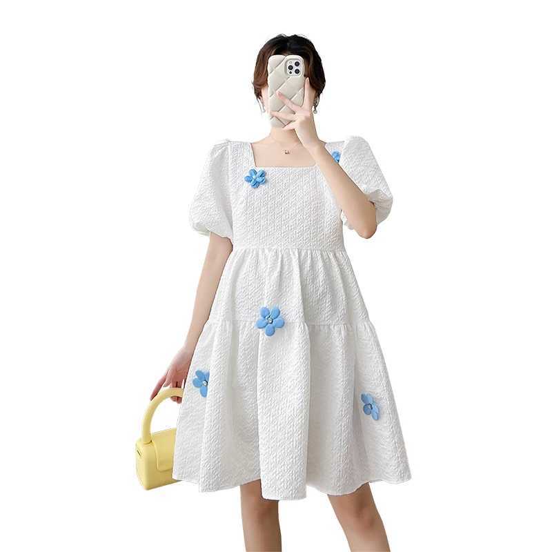 Korean Sle Materni Ball Gown Dress Sweet Puff Sleeve Square Collar Pregnant Womens A-Line Dress Pregnancy Par Dress CuteXJ241213