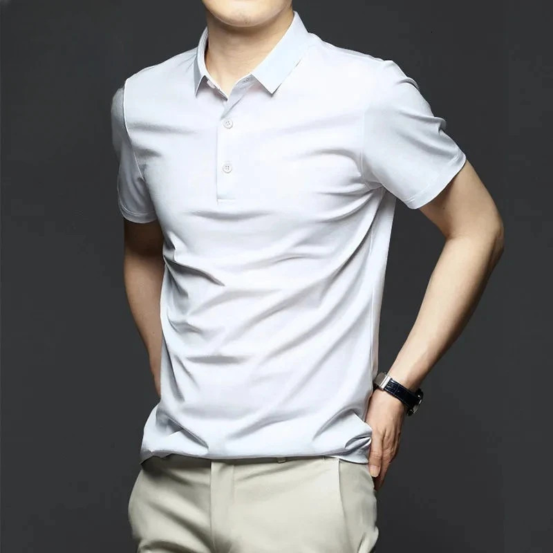 Minglu Modal Summer Mens Polo Shirts High Quality Short Sleeve Solid Color Turn Down Collar Business Casual Slim Fit Man Tees 241213
