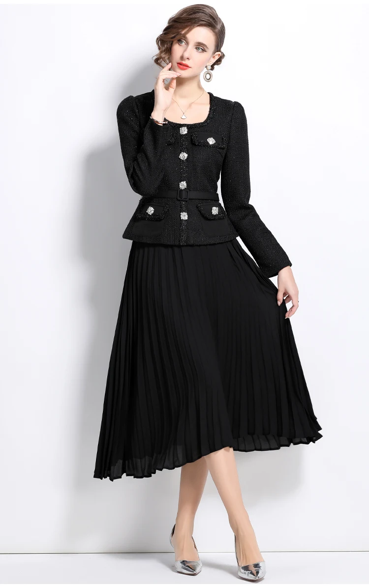 Runway Women Dresses Quality Autumn Crystal Long Sleeve Chiffon Tweed Midi Dress For Women Beading Diamonds Pleated Party Vestidos Belt Evening Robe 2