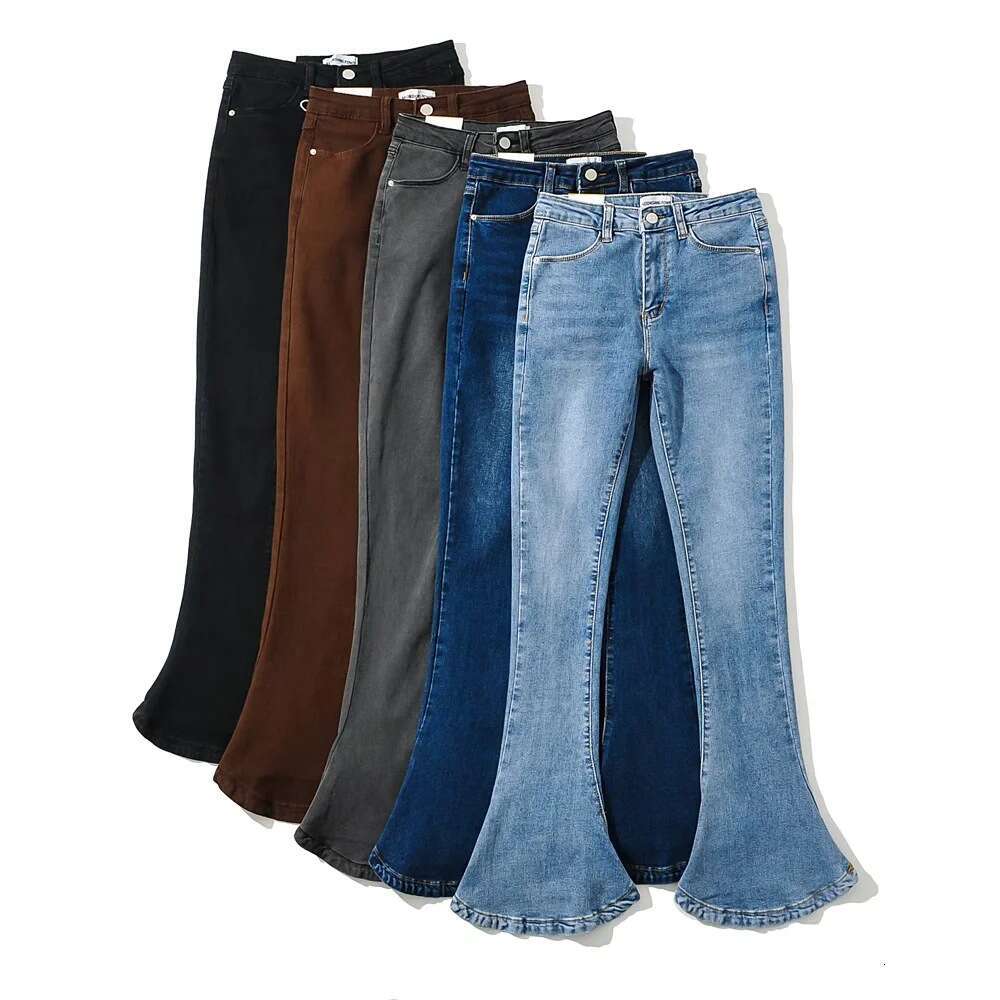 American INS autumn spicy girl retro high waisted elastic slim fit leg showing long horseshoe for women with micro horn denim pants 2024 new casual fa