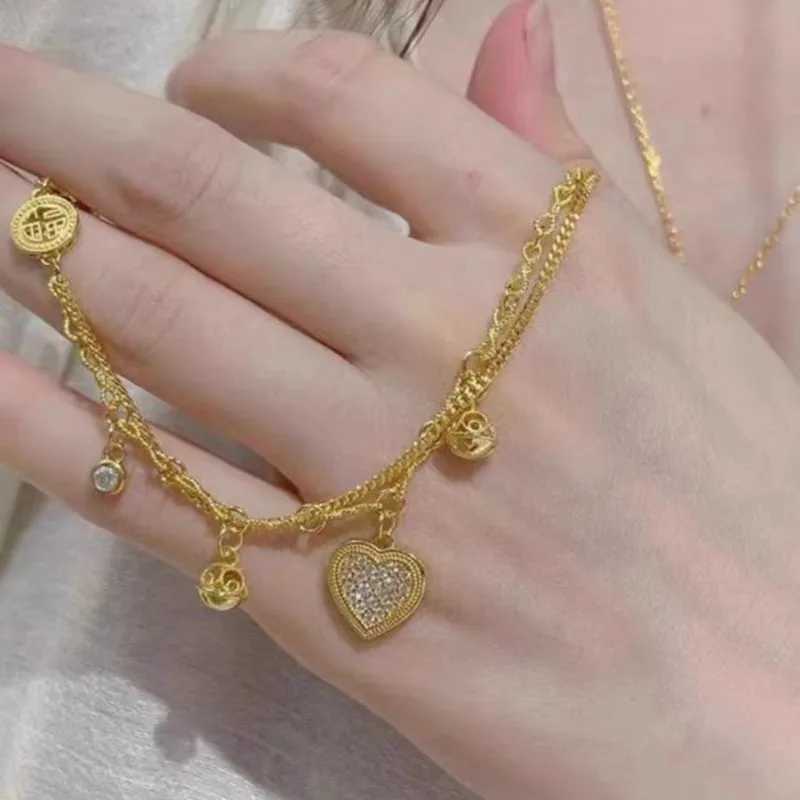 ANENJERY Gold Color Heart Zircon Pendants Bracelet Double Layer Chain Charm Valentines Day Jewelry Gifts For Women rsXJ241214