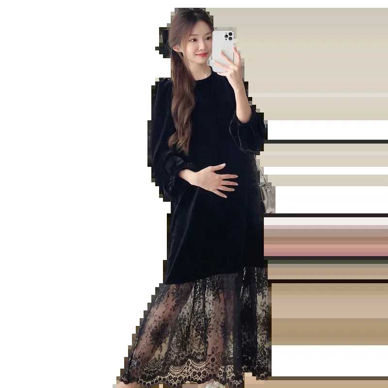 2025 Korean Sle Materni Par Dress Plus Size Long Sleeve O-neck Lace Patchwork Velour Dress Pregnant Woman Fishtail DressesXJ241213