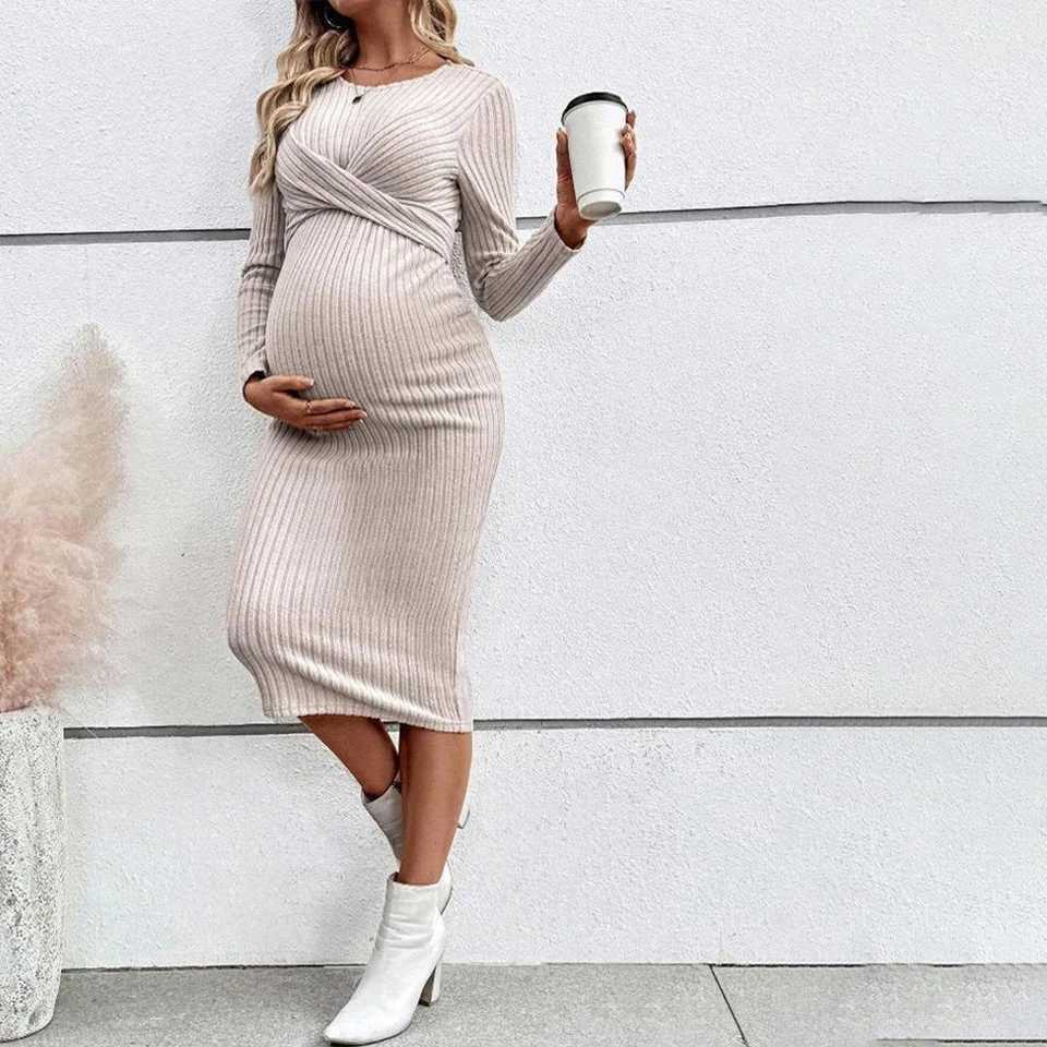 Materni Dress for Women Long Sleeve Pregnancy Slim Fit Elegant Dresses Autumn Winter Bodycon Female Mother Pregnant ClothesXJ241213