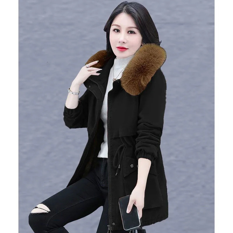 Womens detachable fur collar cotton lined coat 2024 womens large size 5XL Parkas medium long style inflatable jacket 241212