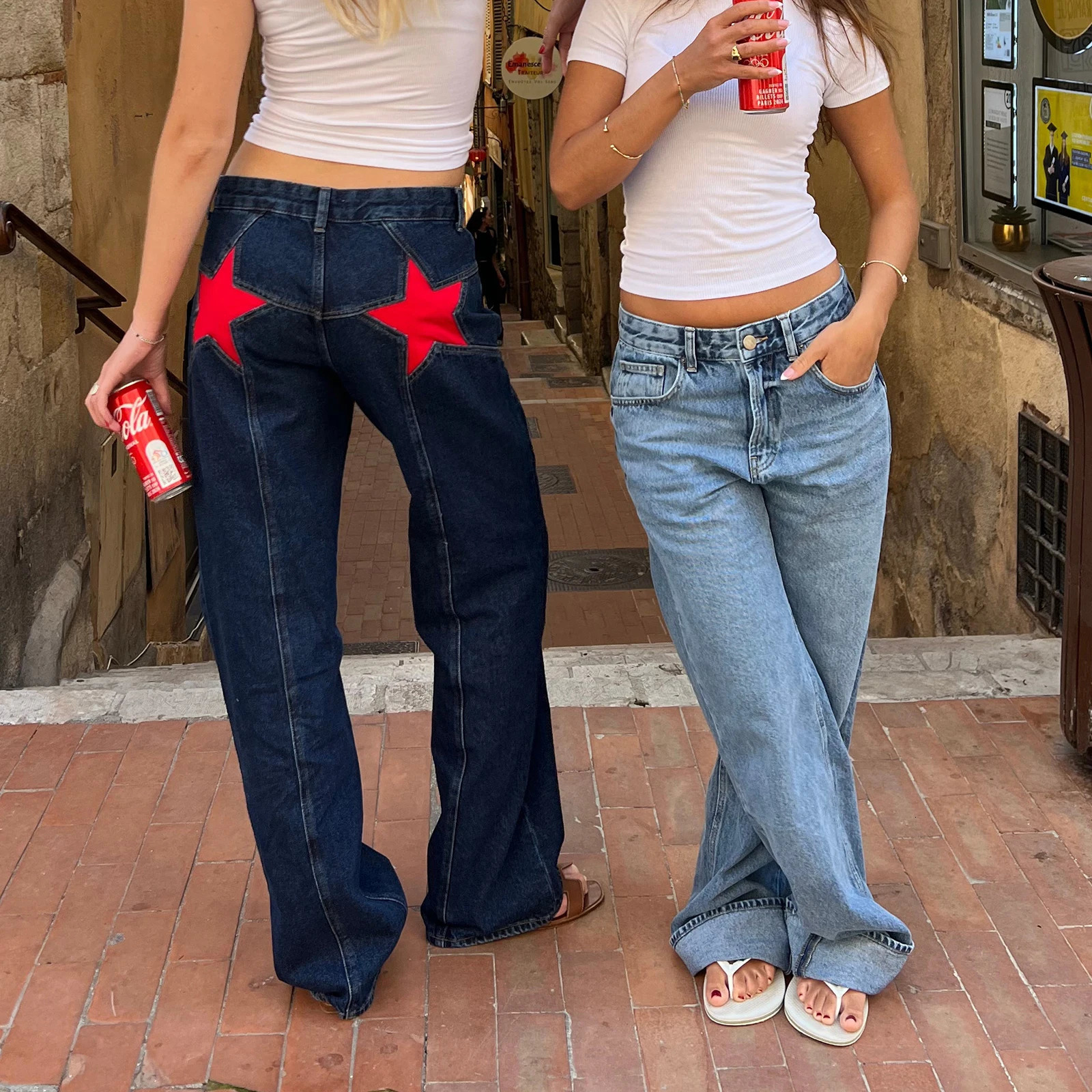 Combhasaki Womens Y2K Vintage Jeans Aesthetic Star Pattern Print Loose Straight Leg Denim Long Pants Casual Low Waist Trousers 241214