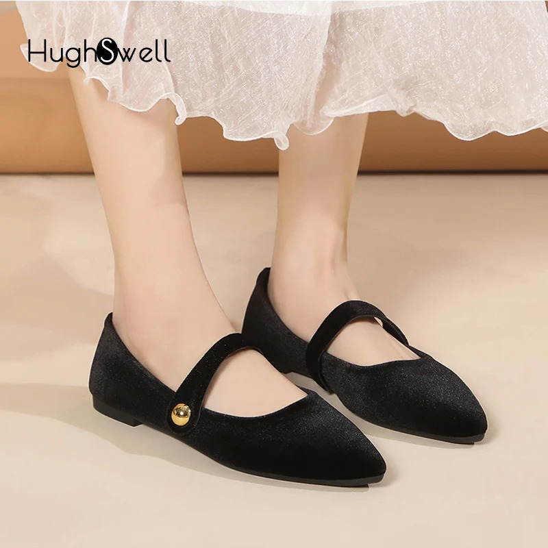 Elegant Velvet Ballet Flats Woman Velour Mary Jane Shoes Ladies Pointed Toe Buckle Strap Loafers In Purple Green 241213