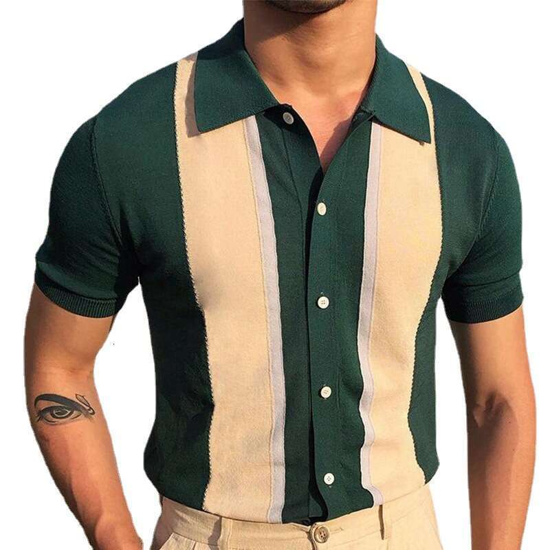 New Men's Collar Contrasting Color T-Shirt For European And American Foreign Trade, Single Breasted Cardigan, Knitted Short Sleeved Polo Shirt