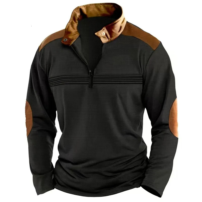 AutumnWinter Fashion Everyday Casual Solid Color Zipper Chest Pleated Stripe Patchwork Comfortable LongSleeved POLO Shirt 241213