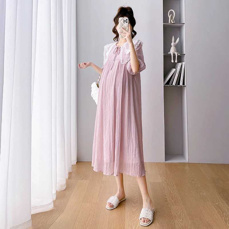 2024 Long Loose Materni Summer Dress Pink Puff Sleeve Sweet Lace Peter Pan Collar Pregnant Woman Chiffon Dress Holiday ClothesXJ241213