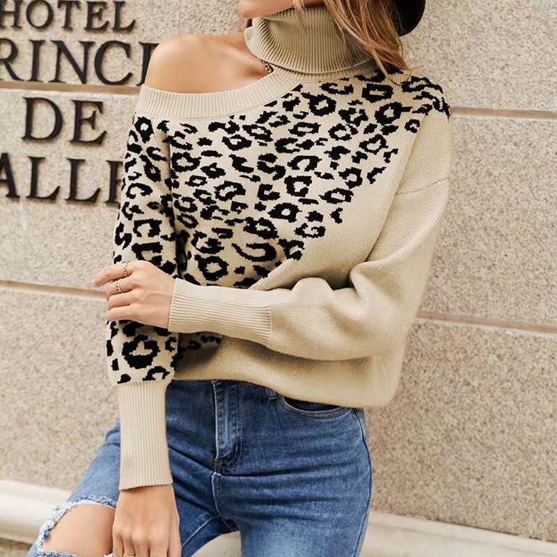 2024 European American fashion autumn and winter leopard print long sleeved women's foreign trade off shoulder knitted sweater