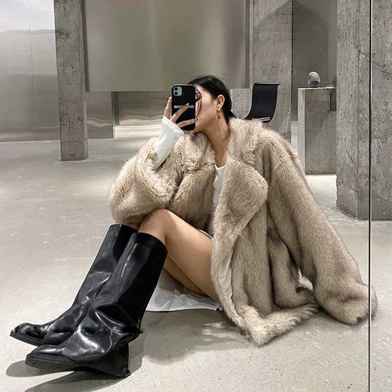 Artificial fur coat womens 2022 new winter warm cardigan Lambswool medium long lapel loose plush coat oversized teddy jacket X241214