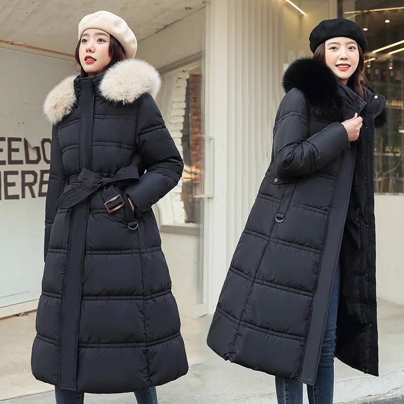 Long Parker Jacket Womens Autumn Winter Thick Warm Coat Trend Hooded White Black Korean Parkas 241212