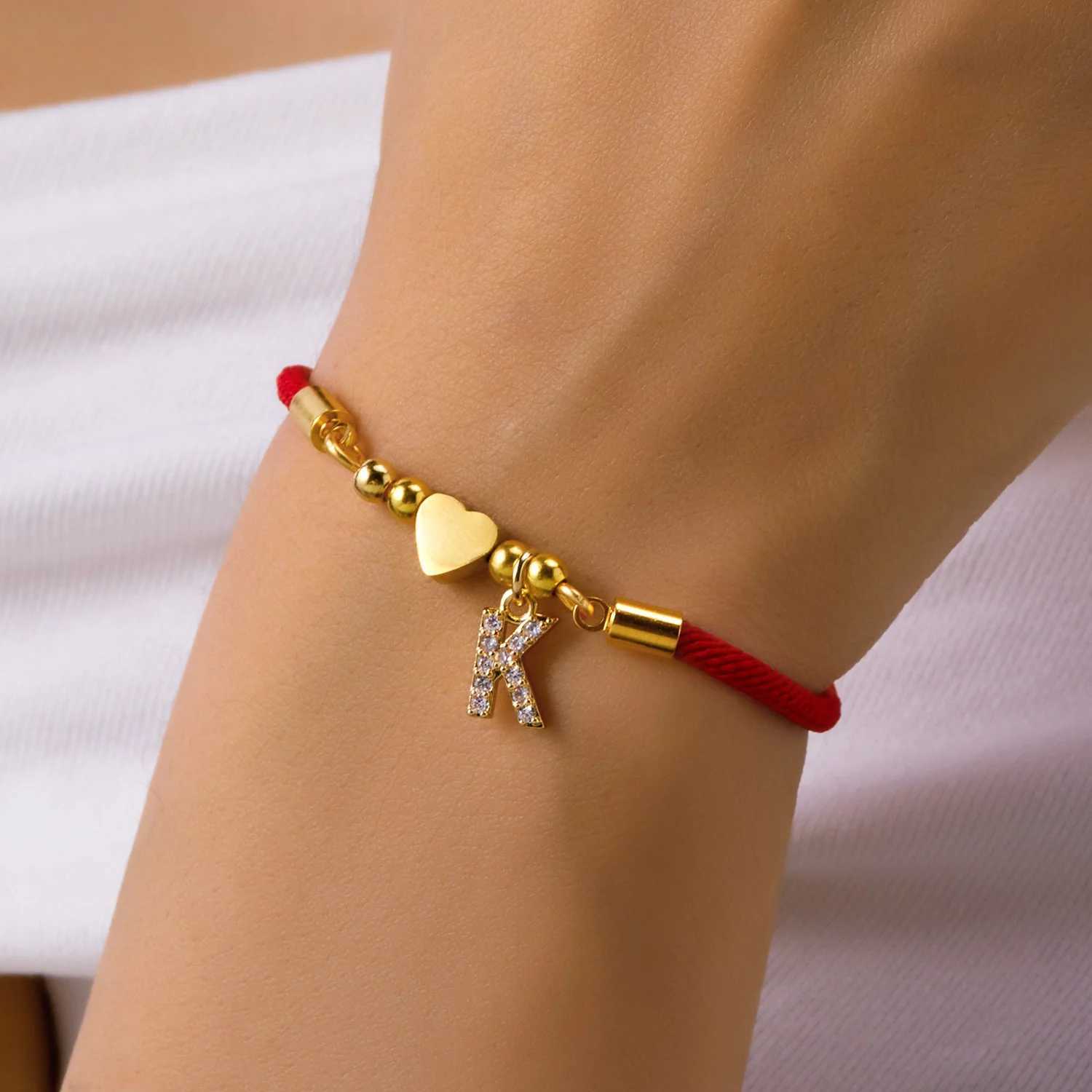Stainl Steel Gold Color A-Z Heart Initial Letter Bracelet for Women Lucky Red Adjustable Rope Bracelet Charm Jewelry GiftXJ241214
