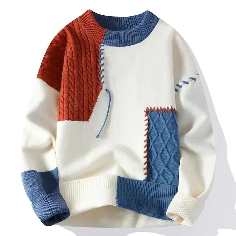 Mens Thickened Korean Style Color Block Sweater Trendy Autumn Winter Knitted Top Casual Teenager Student Base Layer Clothes 241213