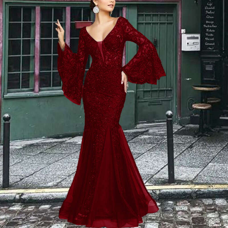 Lace Evening New Elegant And Sexy Slim Fit Fish Tail Long Party Dress Women's Black Summer