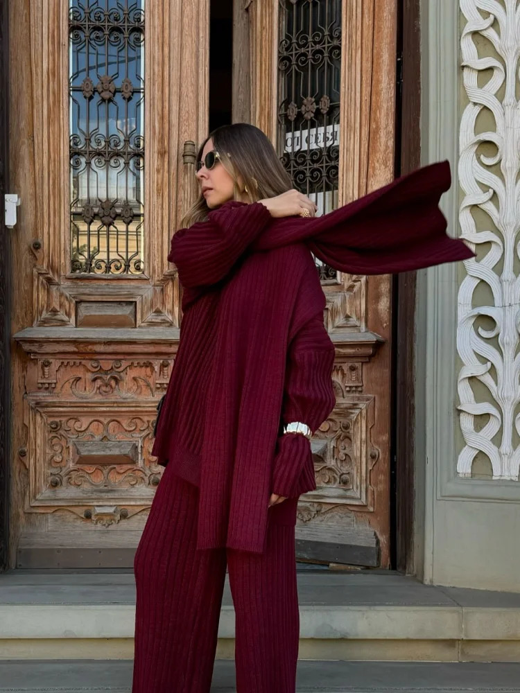 Casual Solid Knit Loose Wide Leg Pants Set Women Elegant Scarf Neck Basic Warm Sweater Suit Lady Chic Autumn Winter 2-piece Sets 241214
