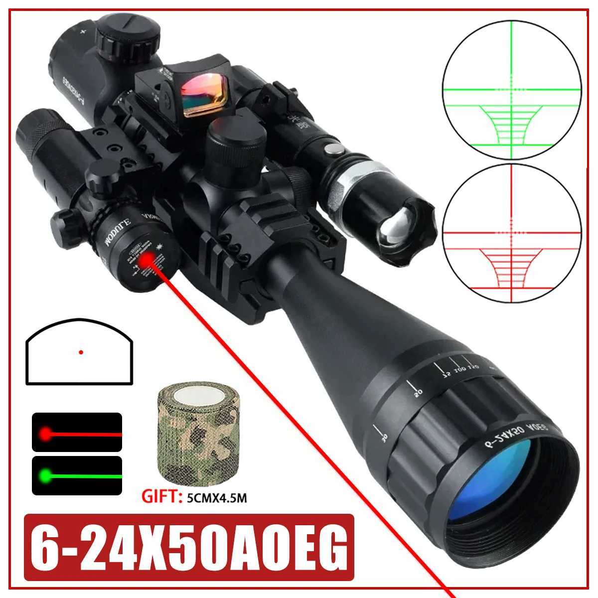 Tactical 6-24x50 AOEG Rifscope Adjustab Sniper Scope with Red Green Dot Laser Combo Optical Sight Airsoft Hunting ScopesXJ241214