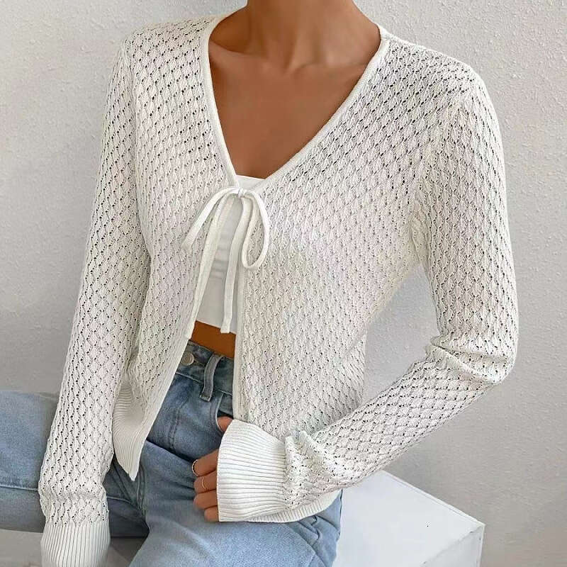 European and American 2024 women's clothing new autumn high-end texture lace up hollow long sleeved knitted sweater cardigan jacket for women