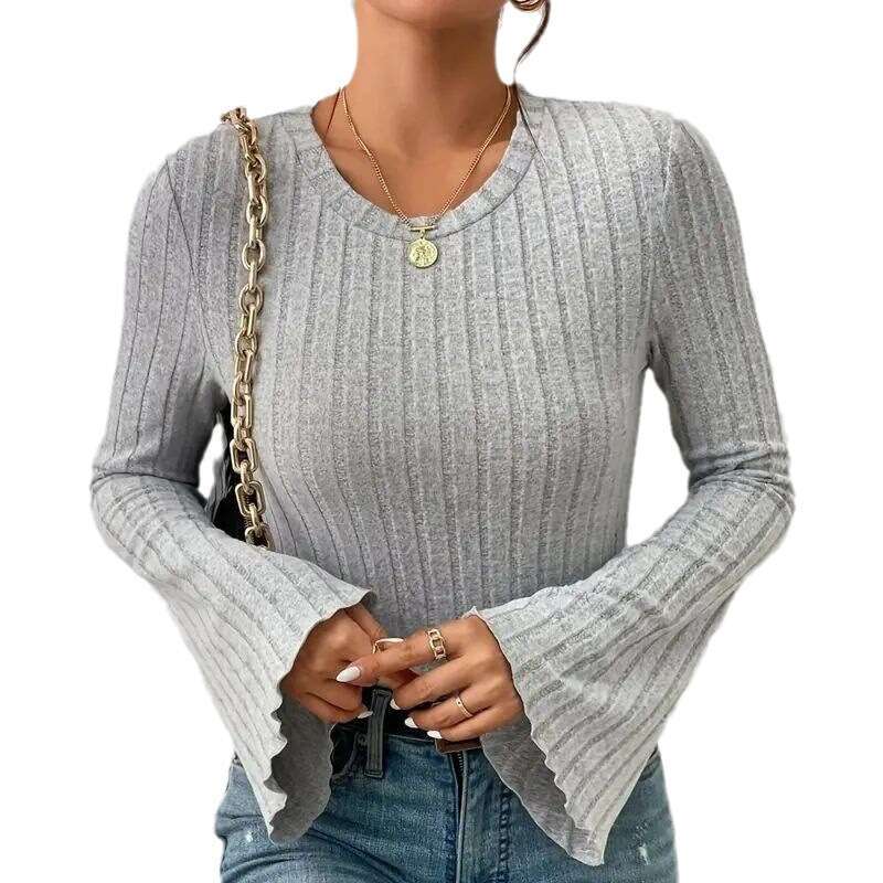 European and American new 2023 autumn short flared sleeve long sleeved round neck lapel simple t