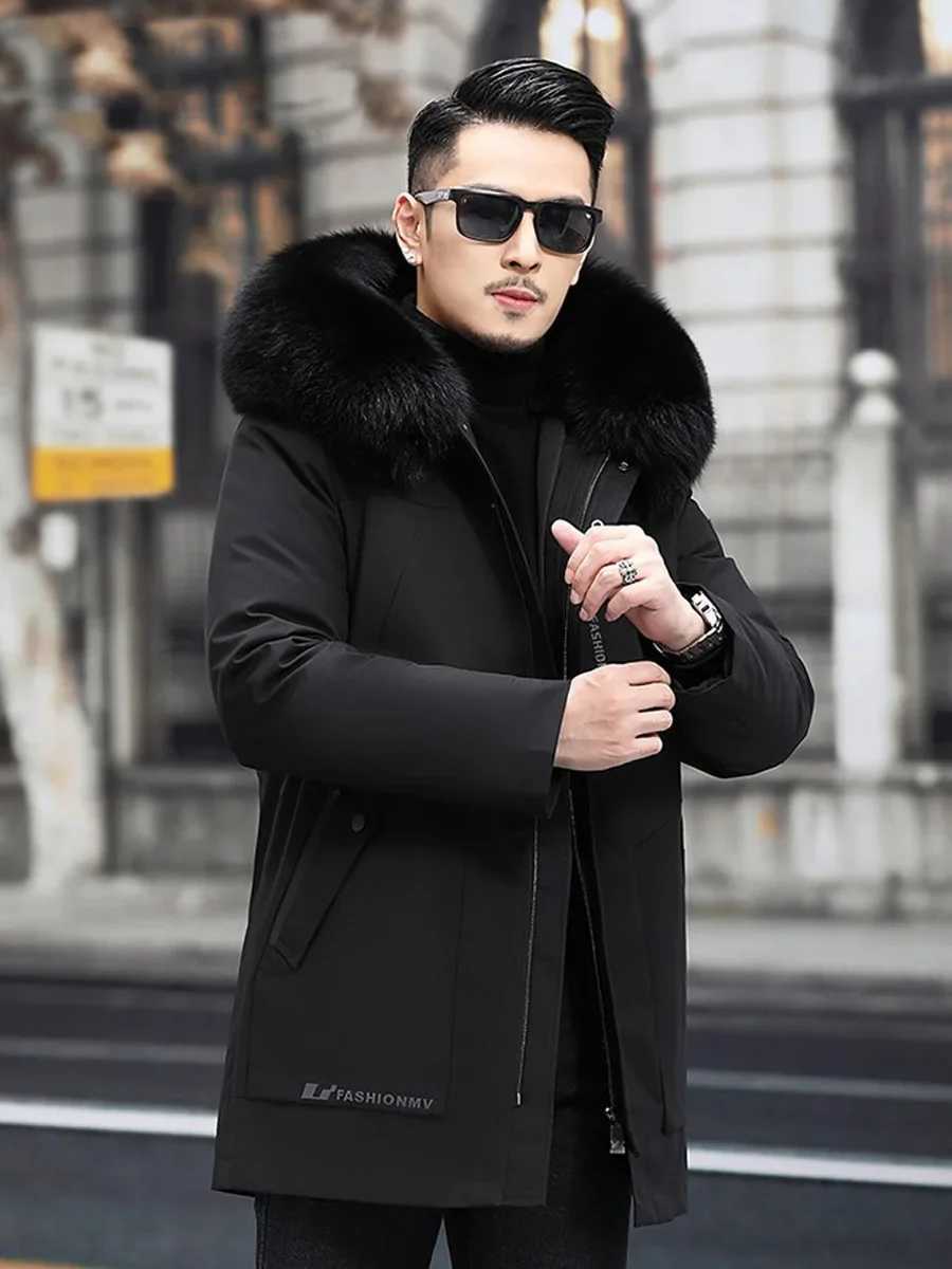 Korean fashion mens fur leather jacket jacket fox fur collar park medium length rabbit fur lining detachable winter fur coat PK2230 W241213