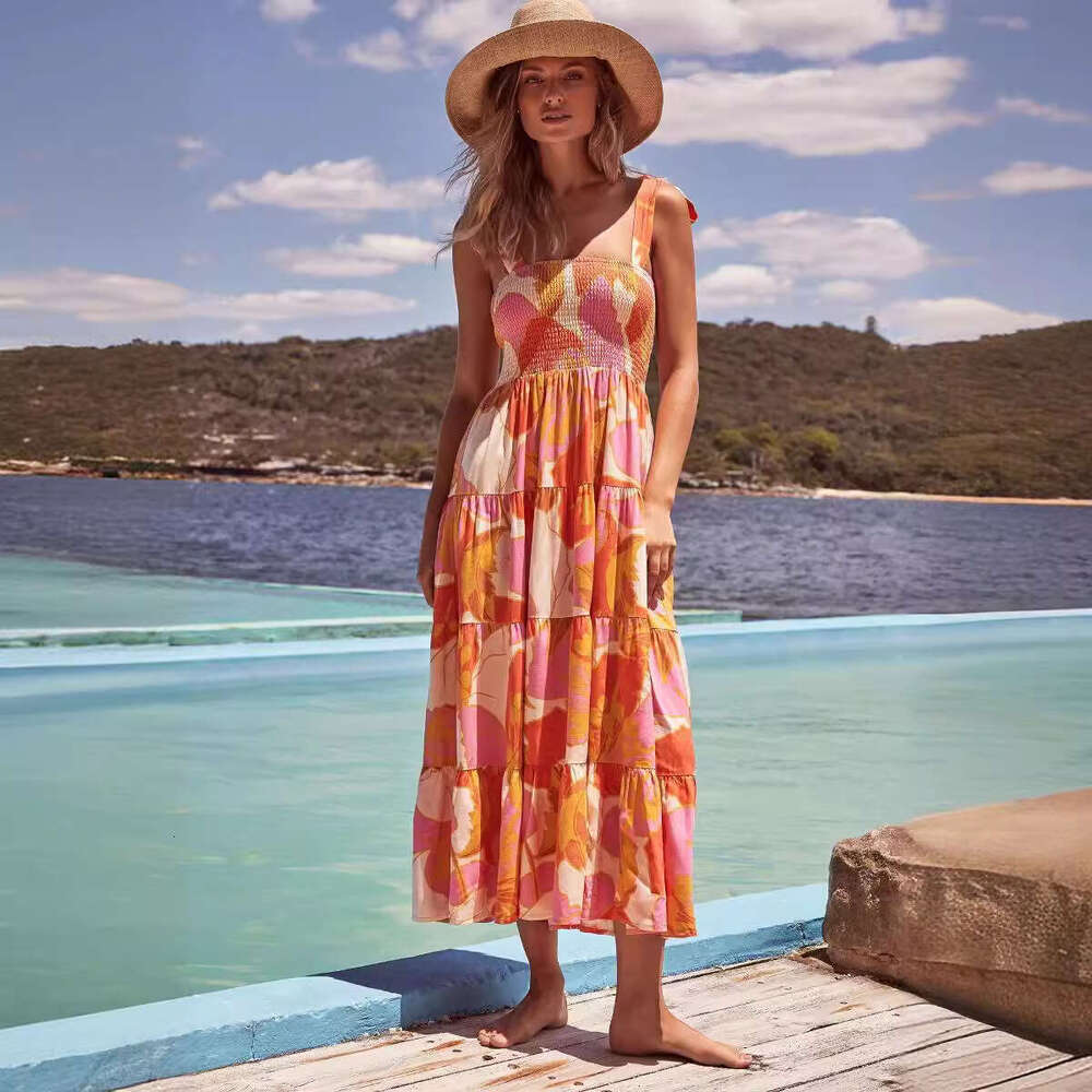 European And American Summer Women's Casual Commuting Sleeveless Spicy Girl Print Long Suspender Dress