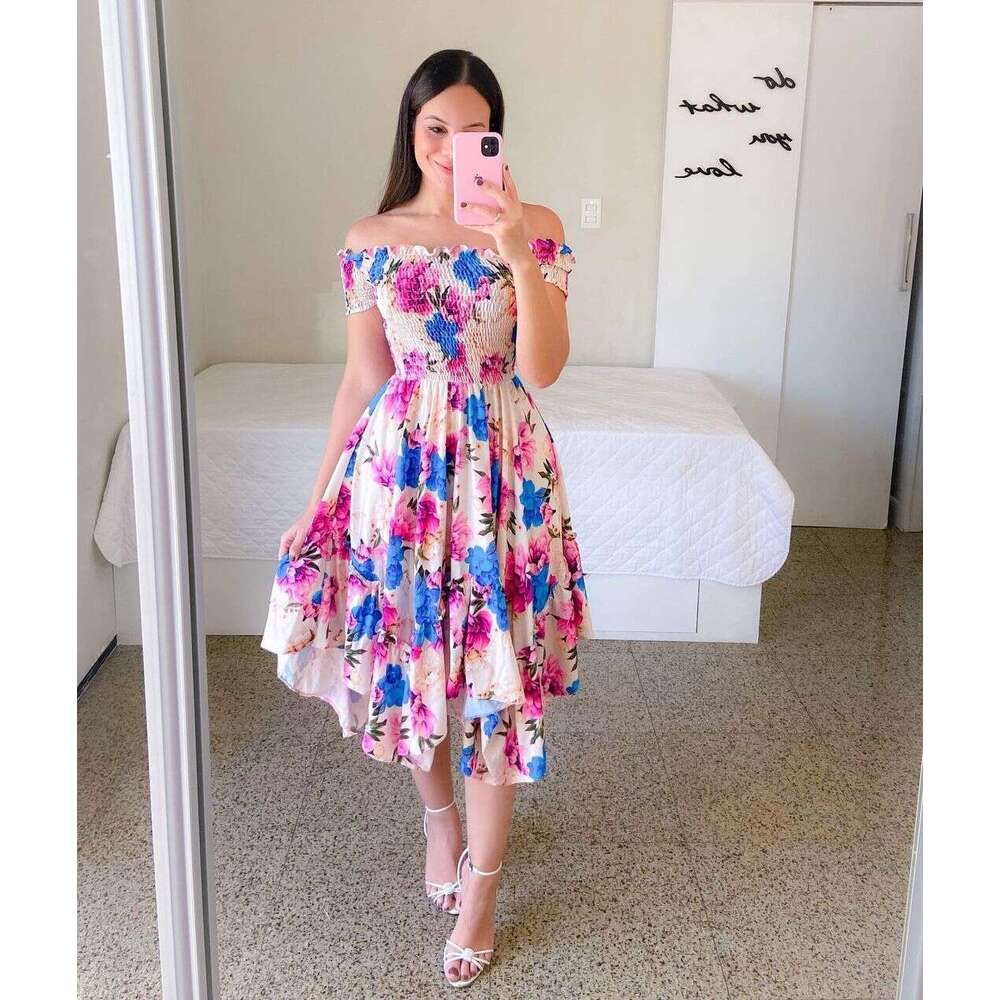 Cross Border One Collar Asymmetrical Off Shoulder Short Sleeved Digital Printed Dress From Europe And America