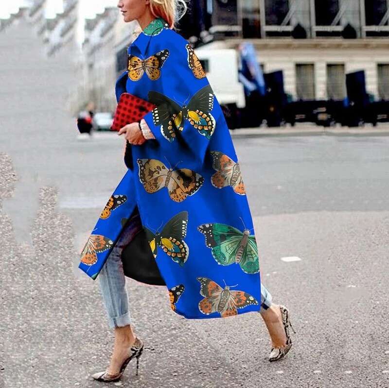 Spring And Autumn Long Horn Sleeve Printed Loose Wind Coat For Women