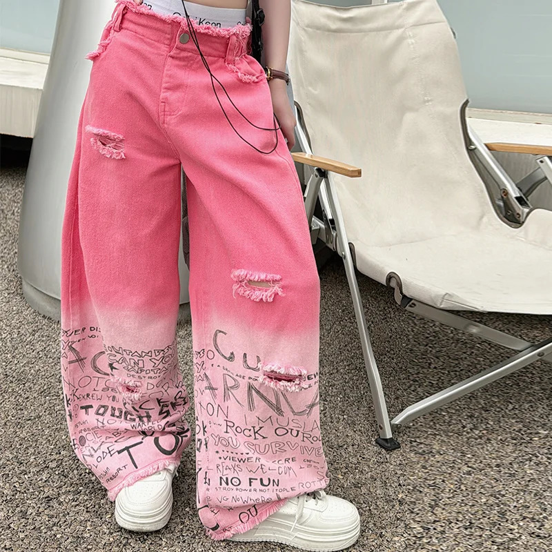 junior girls pink gradient color hole wide leg jeans cotton teenager kids Mop pants pant children trousers adolecentes 4 12 14 241213