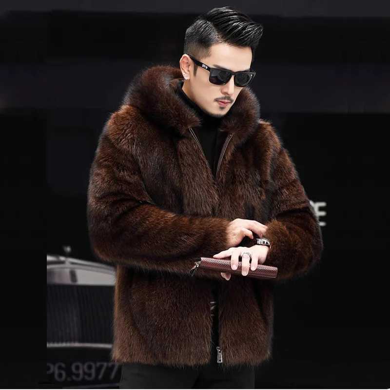 S-6XL size fashionable mens jacket warm cover artificial fox mink fur mens winter coat brown outdoor sportswear casual shorts W241213