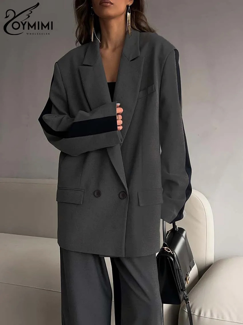 Oymimi Elegant Grey Patchwork 2 Piece Set Outfit Fashion Long Sleeve Button Blazers And Straight Simple Trousers Sets 241203