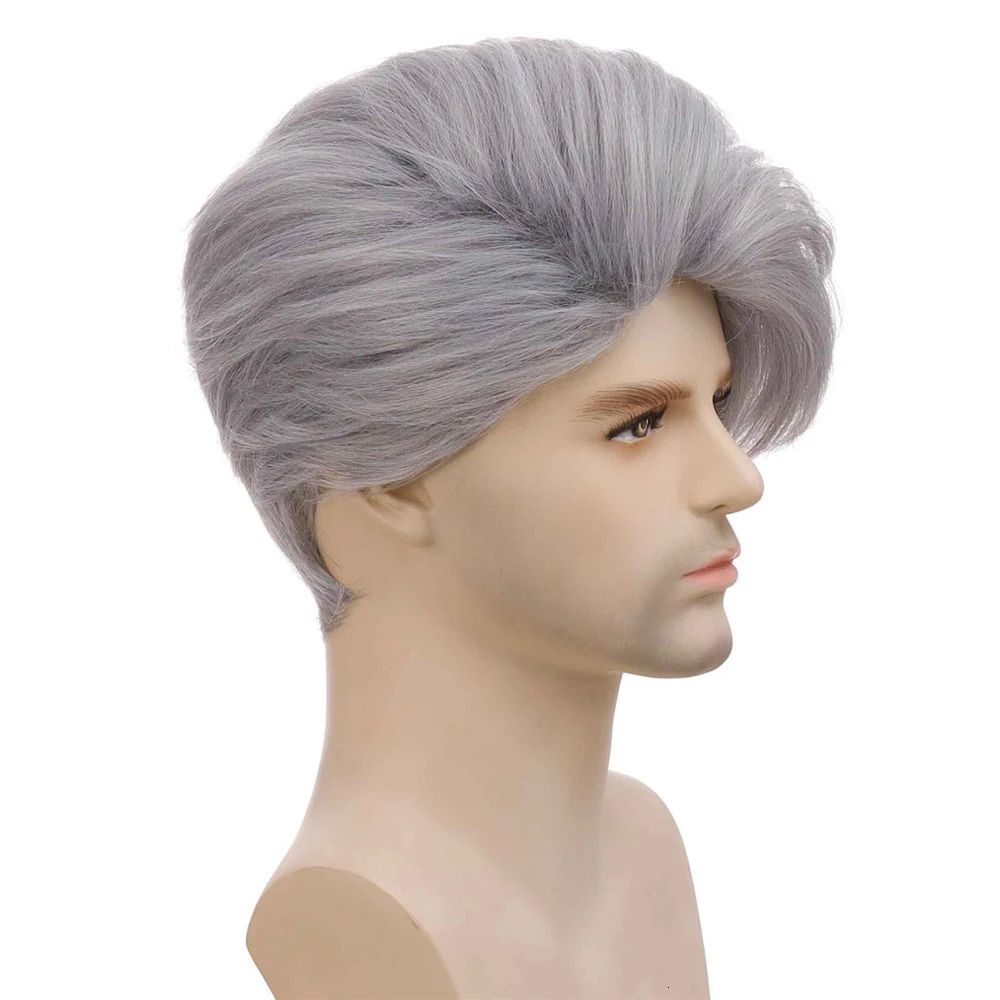Men Short Straight Grey Synthetic Wig Heat Resistant Fiber Wig With Long Bang For Male Party Cosplay Use 241213