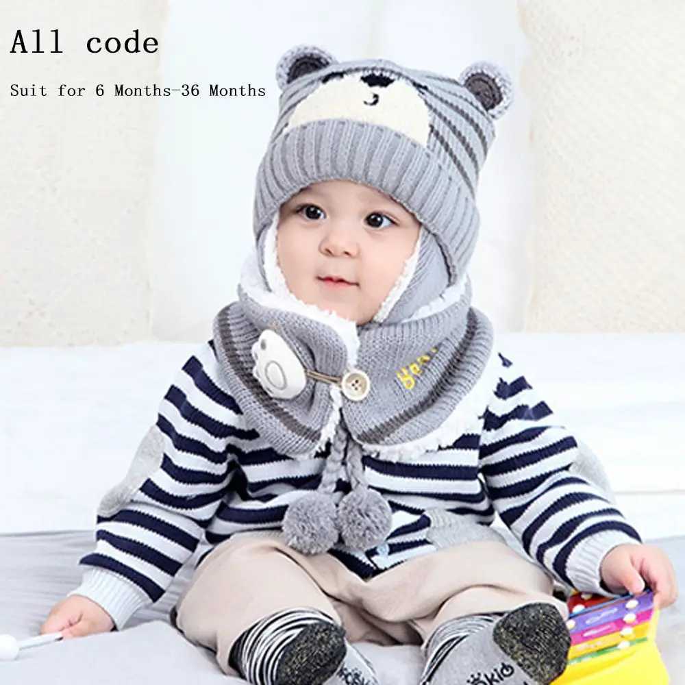 Warm Preschool Baby Winter Boys and Girls Neck Scarf Baby Bean Hat Childrens Hat Scarf Set Bear Earmuffs W241213