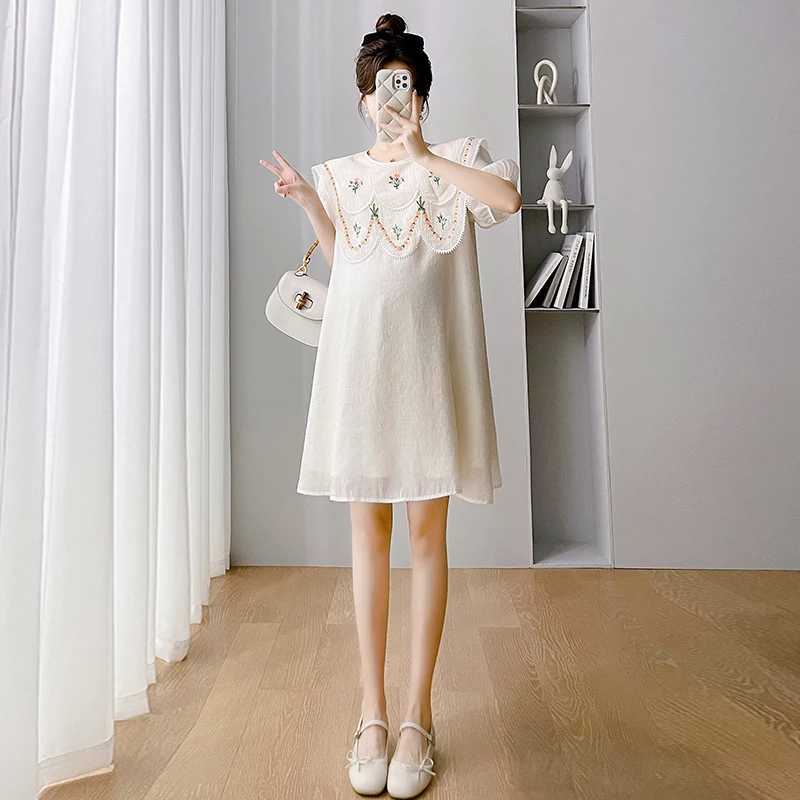2024 Korean Sle Floral Embroidery Peter Pan Collar Materni Dress Loose Fashion Pregnant Women A-Line Dress Pregnancy ClothesXJ241213