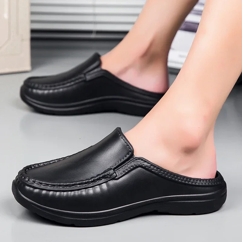 Mens Antiskid Driving Shoes Breathable Chef Casual Sandals Highquality Soft Soled Leather Outdoor Semi Slippers 241214