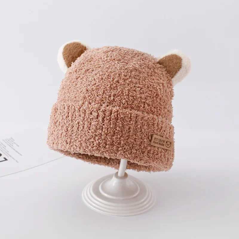Winter Korean chiffon baby plush hat suitable for boys and girls knitted warm earmuffs autumn and winter childrens wool hat W241213