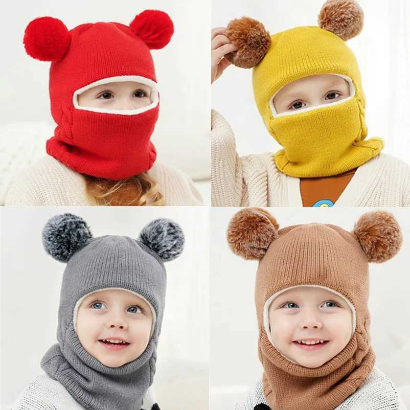 Baby boy Beanie neck protection solid windproof winter childrens knitted hat warm wool childrens earmuffs W241213