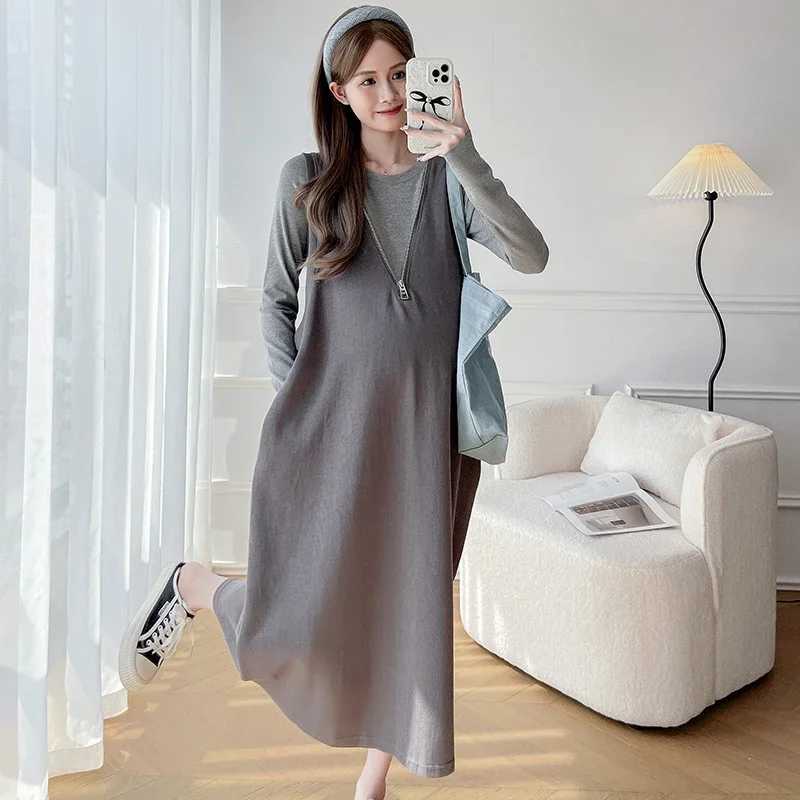 French Sle Materni Autumn Clothes Sleeveless Zipper Fly V-neck Pregnant Woman Tank Dress Long Loose Pregnancy Oversize DressXJ241213