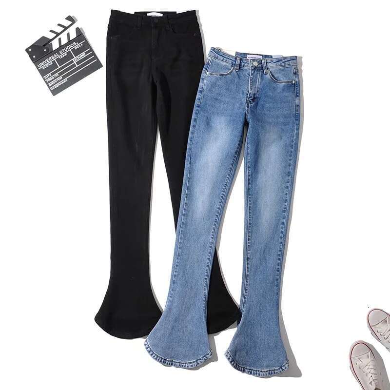 American INS autumn spicy girl retro high waisted elastic slim fit leg showing long horseshoe for women with micro horn denim pants 2024 new casual fa