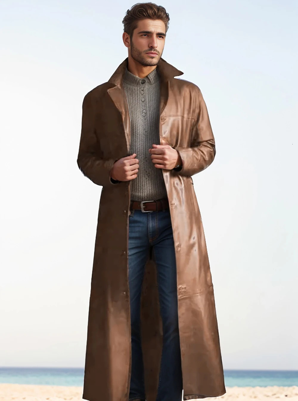 Autumn mens fashionable solid color leather jacket extended 241214