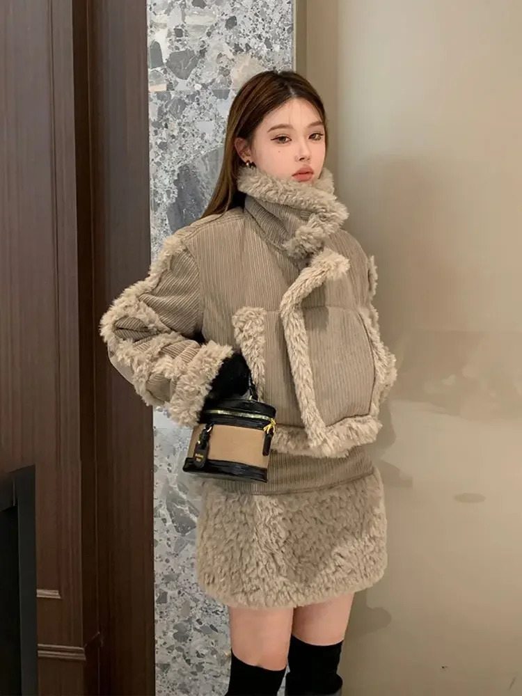 Retro style fashionable splicing furry short coat top high waist skirt twopiece suit winter womens clothing 241211