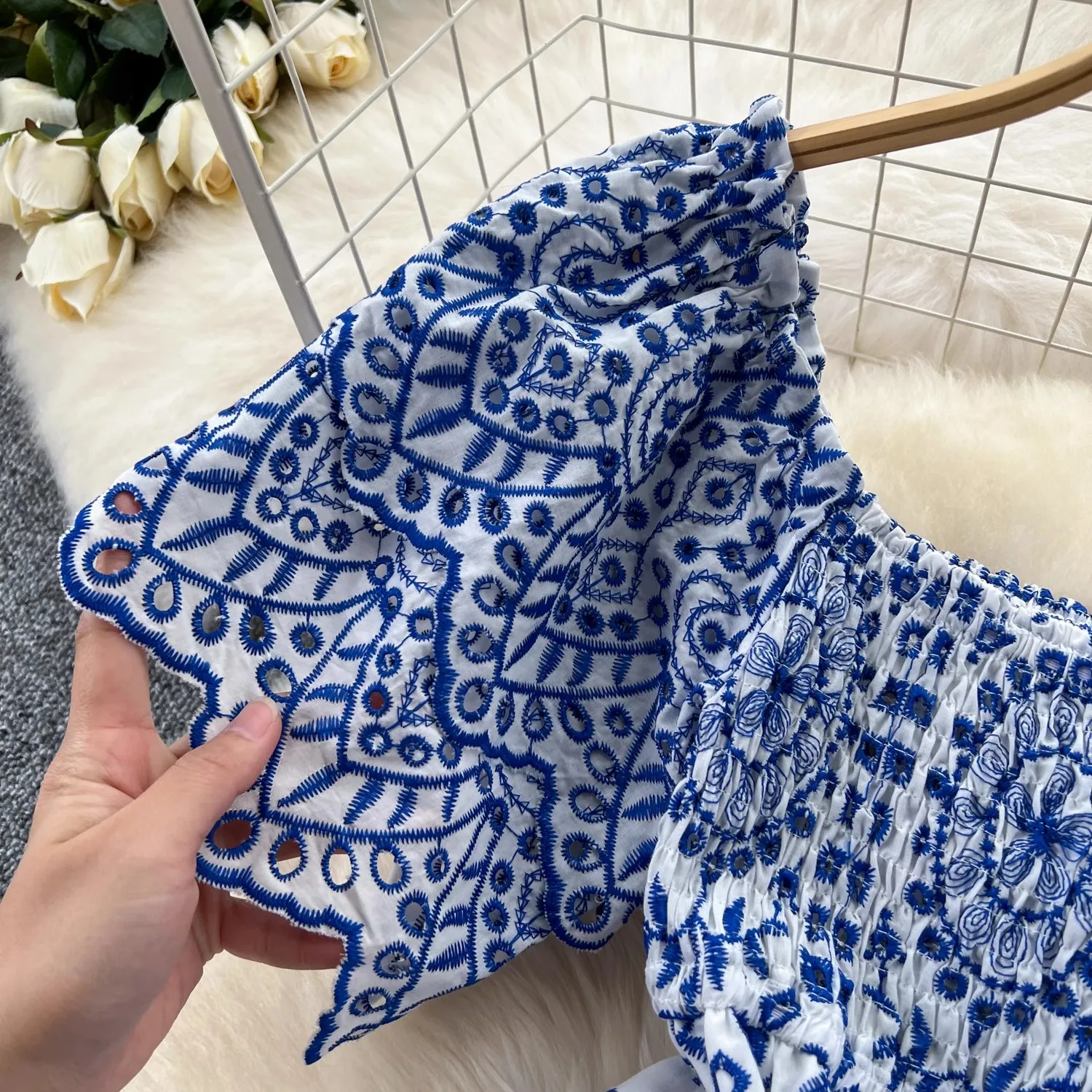 Basic Casual Dresses Summer Beach Holiday Embroidery Cotton Dress Women Butterfly Sleeve Sexy Slash Neck Blue White Porcelain Floral Backless Vestido 