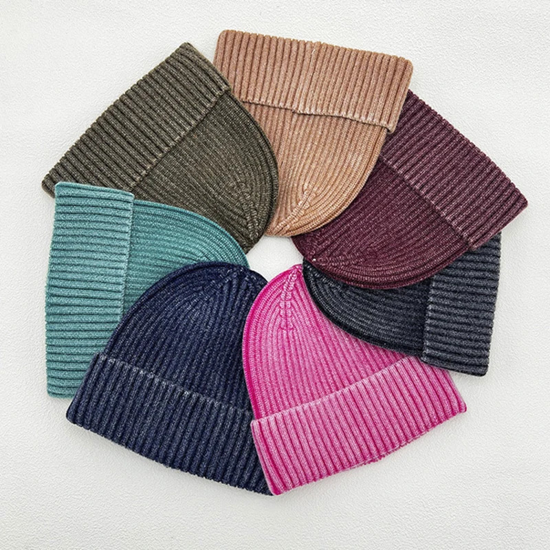 Retro mens wash knitted hat womens fashion simple warm skull bean retro solid autumn winter bean hat 241205