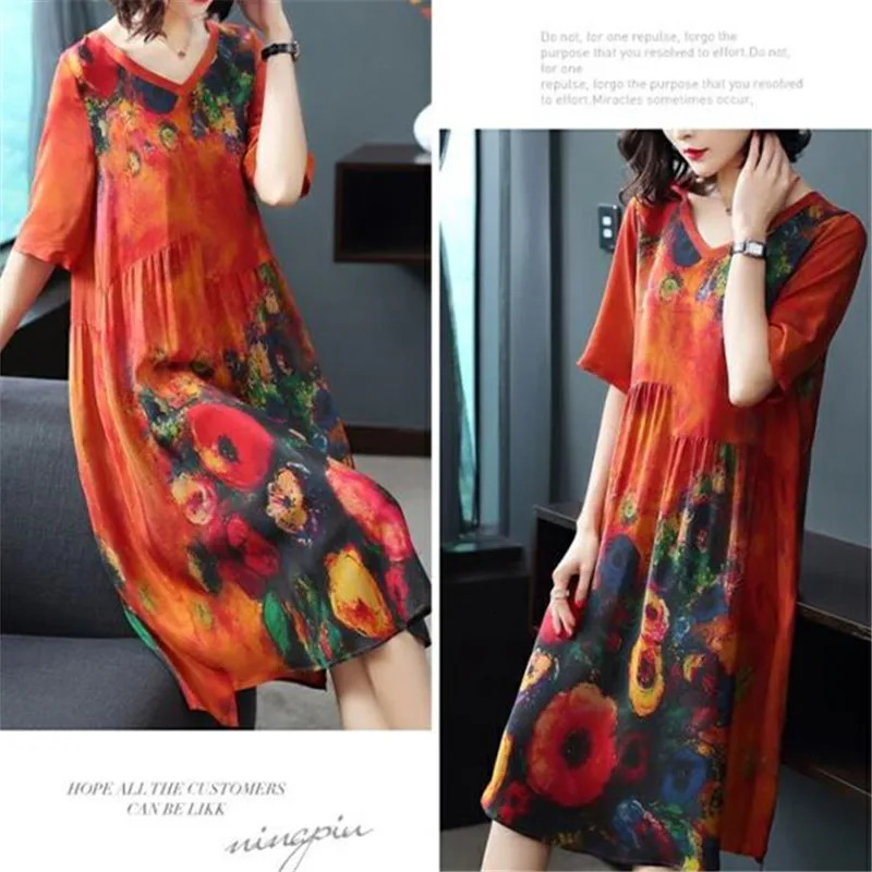 2023 Summer High Quality Silk Screen Dress Medieval Retro Elegant Large Loose Oneck Womens 241212