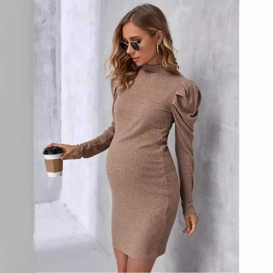 Materni Dress Autumn Pregnancy Clothes Long Sleeve High Neck Elegance Short Dress Solidcolor Tight Dresses Women Fashion SkirtXJ241213